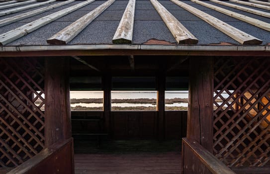 Wooden cabin or bird hut for bird watching in the Ebro river delta, Spain