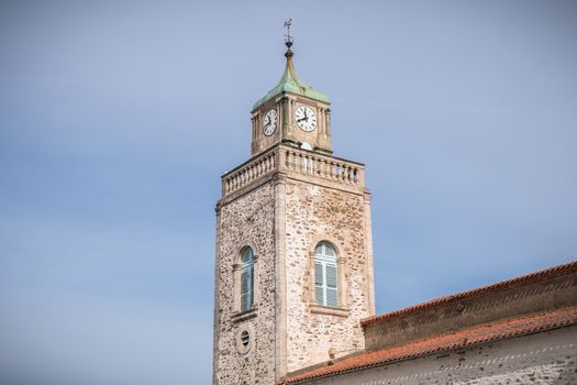 Port Joinville, France - September 16, 2018: Architectural detail of the Saint-Amand church on the island of Yeu on a summer day