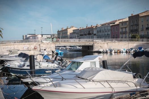 Sete, France - January 4, 2019: view of the marina in the city center where pleasure boats are parked on a winter day