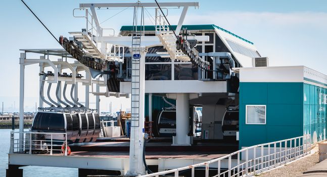 Lisbon, Portugal - May 7, 2018: Telecabine Lisboa at Park of Nations (Parque das Nacoes). Cable car in the modern district of Lisbon over the Tagus river on a spring day