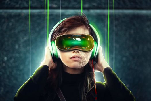 Young teenager girl in virtual reality goggles headset. VR gaming  technology concept.