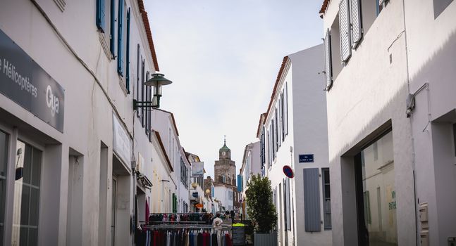 Port Joinville, France - September 16, 2018: typical house architecture detail in a shopping street on the island of Yeu on a summer day