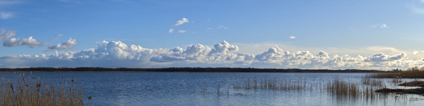 blue sky and big clouds on the sky. A lake with a forest on the horizon and a cloudy sky. summer day at the lake. Maardu, Estonia. panorama.