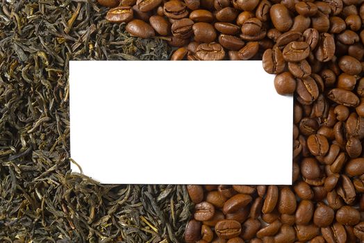 Dry leaves of green tea and fine Roasted coffee beans, top view closeup. Coffee or Green tea concept. white white Mockup business card on coffee and tea background.