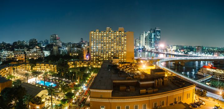 Cairo, Egypt - November 5, 2018: Aerial view of Zamalek Marriott hotel and surroundings at night.