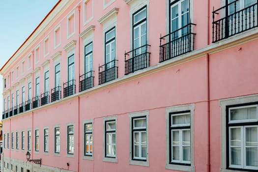 Stylish pink façade in Lisbon, Portugal.