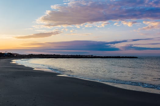 Southern France beach on the mediterranean sea at dawn.