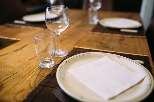 Wooden table with dining set.