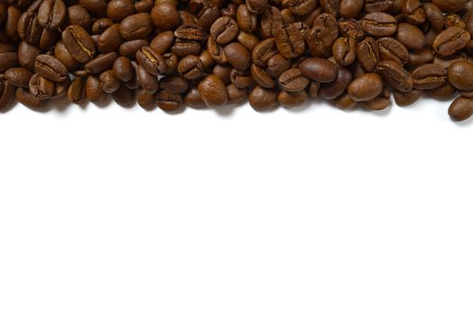 Texture of coffee beans. Roasted coffee beans background. close up Coffee beans with copy space on White background.