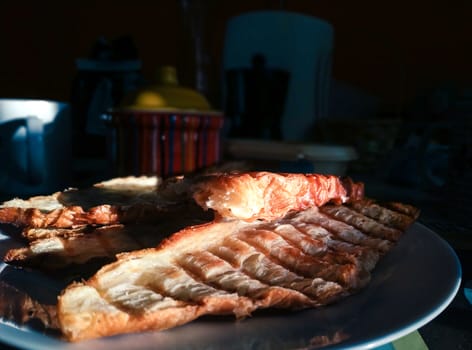 Freshly baked and toasted breakfast, french croissant.