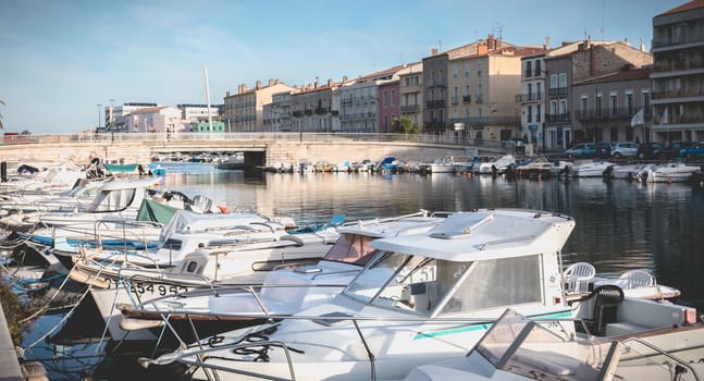 Sete, France - January 4, 2019: view of the marina in the city center where pleasure boats are parked on a winter day