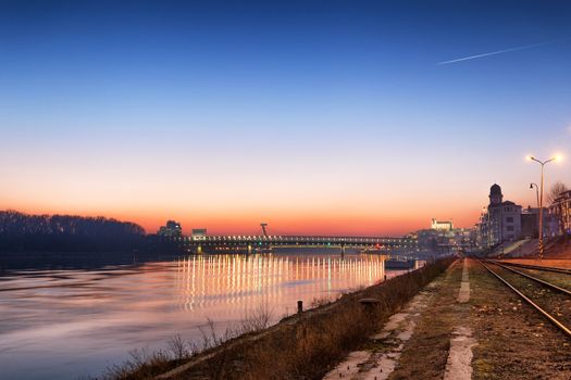 Bratislava castle view from apollo bridge at sunset