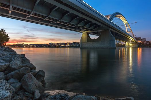 Autumn sunset at apollo bridge over Danube, Bratislava, Slovakia