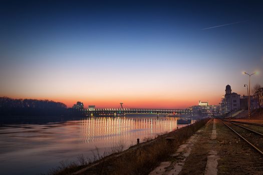 Bratislava castle view from apollo bridge at sunset