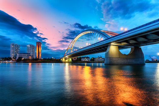 Apollo bridge before storm with dramatic clouds at evening, Slovakia, Europe