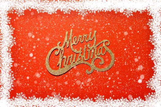 Merry Christmas on red background with snowflakes frame and snow over it