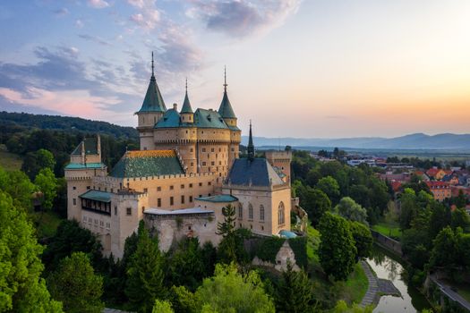 Aerial view of Bojnice medieval castle, UNESCO heritage in Slovakia. Romantic castle with gothic and Renaissance elements built in 12th century.