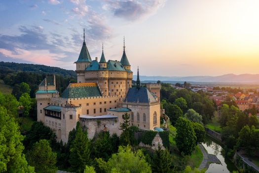 Aerial view of Bojnice medieval castle, UNESCO heritage in Slovakia. Romantic castle with gothic and Renaissance elements built in 12th century.