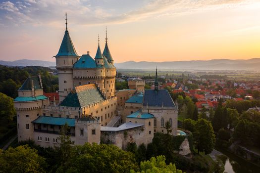 Aerial view of Bojnice medieval castle, UNESCO heritage in Slovakia at sunrise