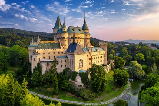 Aerial view of Bojnice medieval castle, UNESCO heritage in Slovakia. Romantic castle with gothic and Renaissance elements built in 12th century.