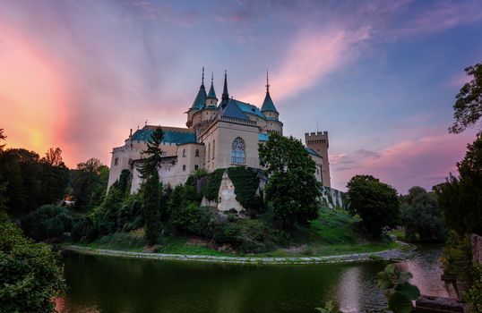 Castle Bojnice, central Europe, Slovakia. UNESCO. Sunset light.