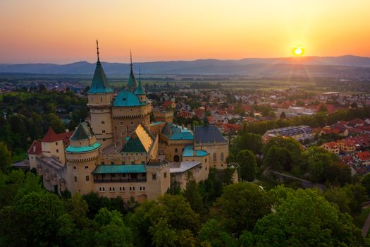 Aerial view of Bojnice medieval castle, UNESCO heritage in Slovakia at sunrise