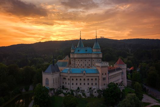 Castle Bojnice, central Europe, Slovakia. UNESCO. Sunset light.