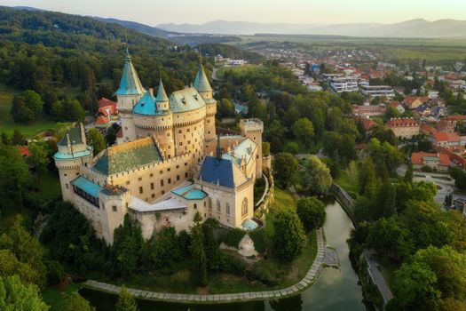 Aerial view of Bojnice medieval castle, UNESCO heritage in Slovakia. Romantic castle with gothic and Renaissance elements built in 12th century.