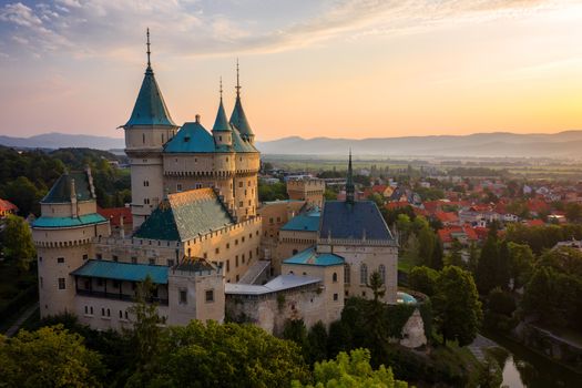 Aerial view of Bojnice medieval castle, UNESCO heritage in Slovakia at sunrise