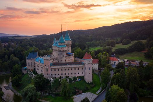 Castle Bojnice, central Europe, Slovakia. UNESCO. Sunset light.