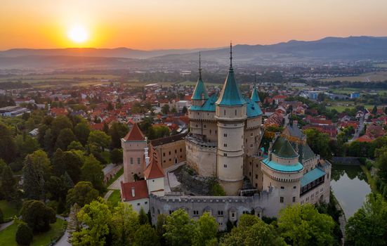 Aerial view of Bojnice medieval castle, UNESCO heritage in Slovakia at sunrise