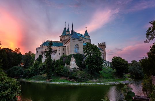 Castle Bojnice, central Europe, Slovakia. UNESCO. Sunset light.