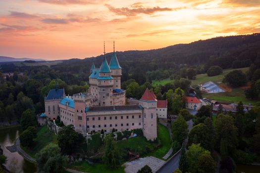 Castle Bojnice, central Europe, Slovakia. UNESCO. Sunset light.