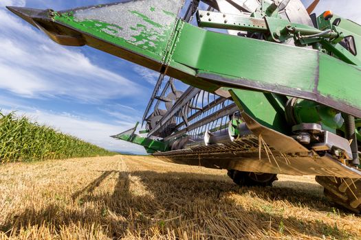 Combine harvester agriculture machine harvesting golden ripe wheat field