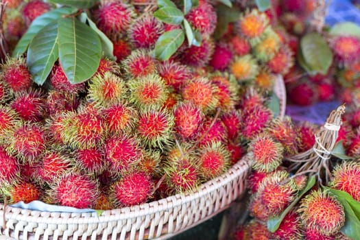 Fresh rambutan selling in the fruit market. Tropical fruit rambutan  
