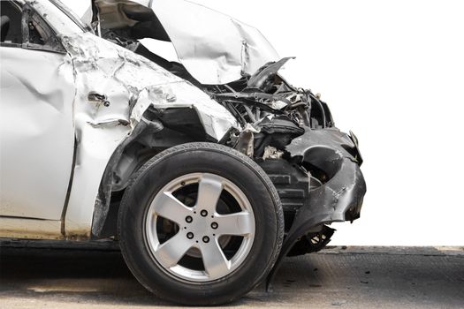 Front of white color car damaged and broken by accident on road parking can not dirve any more. isolate on white background. Cliping path