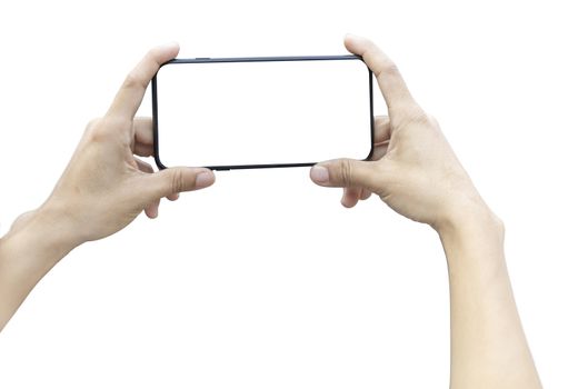 women hand holding horizontal smartphone with blank screen to take a photo. isolated on white background. Save with clipping path