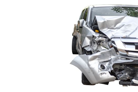 Front of light gray color car with pick up have big damaged and broken by accident on road in morning time can not drive any more park for wait insurance officer. Isolate on white background save with clipping path