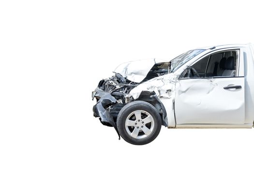 Front of white color car damaged and broken by accident on road parking can not drive any more. Isolated on white bakcground. Save with clipping path