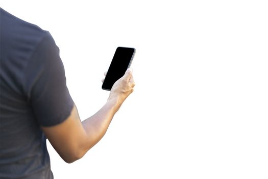 Man hand holding the mobile phone in hand. The mobile phone is Black screen. Isolated on white background. Save with clipping path