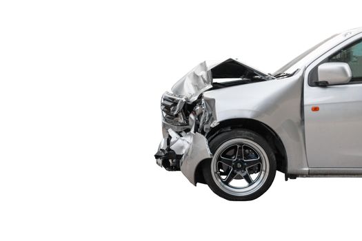 Front of light gray color car damaged and broken by accident on road parking can not dirve any more. isolate on white background. Cliping path