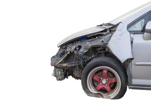 Front of light gray color car damaged and broken by accident on white background with cliping path