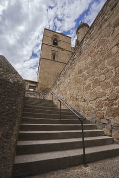 Stairs to the New Cathedral of Plasencia or Catedral de Asuncion de Nuestra Senora. Is a Roman Catholic cathedral located in the town of Plasencia, Region of Extremadura, Spain. Leading lines and vanishing point.