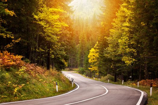 Path to beautiful dolomites with a nice asphalt road and a beautiful autumn morning.