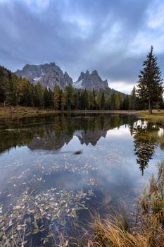 Beautiful morning with mountain refection at Antorno lake, Italy, Europe