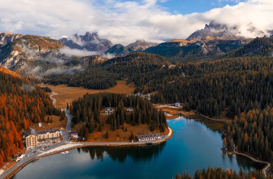 Misurina lake and Tre Cime di Lavaredo peak in the background.