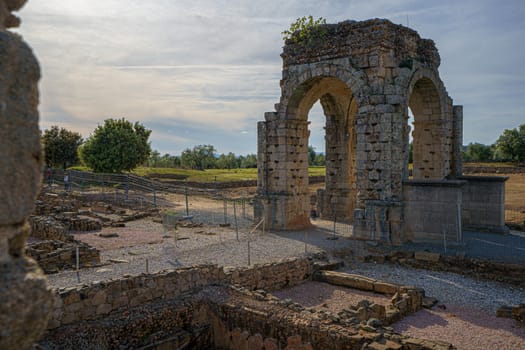 Arch of Caparra, famous tetrapylum in The Roman city of Caparra, now permanently abandoned. Founded near first century in the roman empire period and located in the north of Extremadura, Spain.