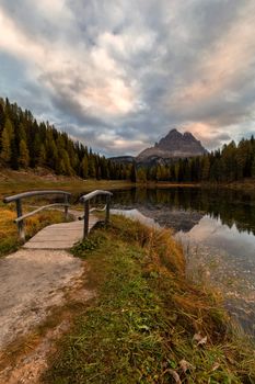 Morning view of Lago Antorno, Dolomites, Lake mountain landscape with Alps peak , Misurina, Cortina d'Ampezzo, Italy