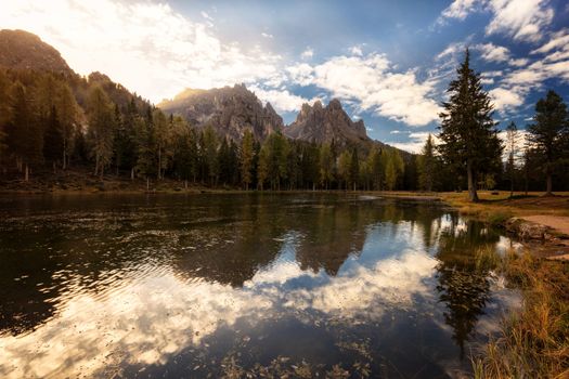 Sunrise over the mountains, Antorno lake, Italy, Europe.