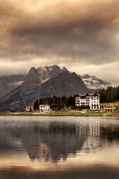 Sorapis mountains view from Misurina lake in the morning. Italy, Europe, Dolomites.